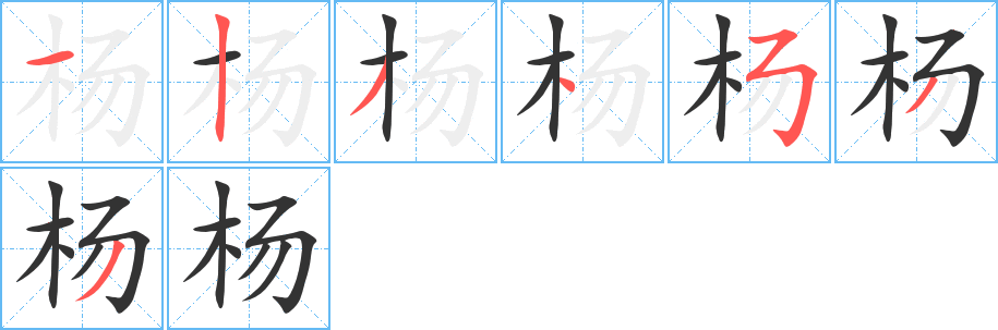 拼音 yáng 部首 木 笔画数 7 名称 横,竖,撇,点,横折折折钩/横撇弯钩