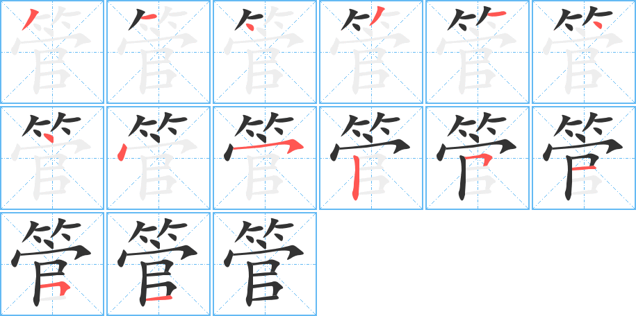 汉字 管(组词) 拼音 guǎn 部首 竹 笔画数 14 名称 撇,横,点,撇,横