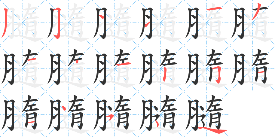 汉字 膸 拼音 suǐ 部首 月 笔画数 16 名称 撇,横折钩,横,横,横,撇