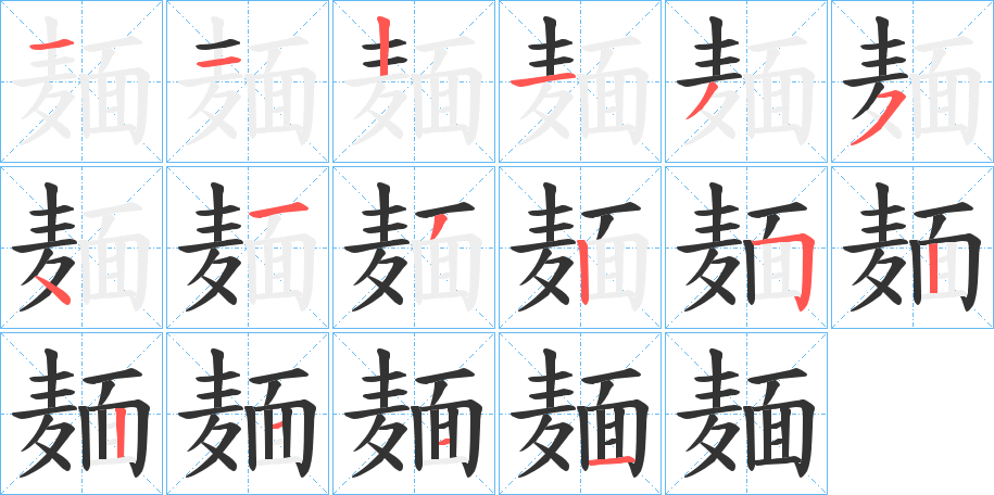 拼音: miàn 怎么读: 部首: 麦 结构: 左右 总笔画: 16 麺的笔顺笔画